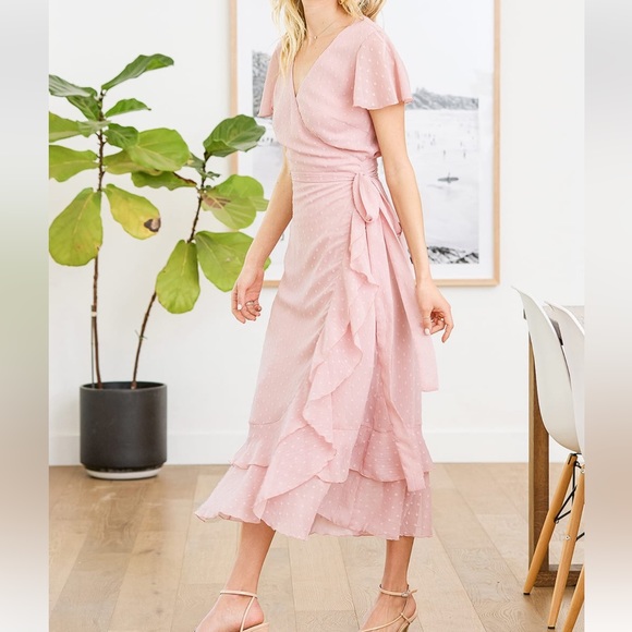 Lulu’s — Wrapped Up In Your Love Blush Dotted Ruffled Wrap Midi Dress - Picture 2 of 4